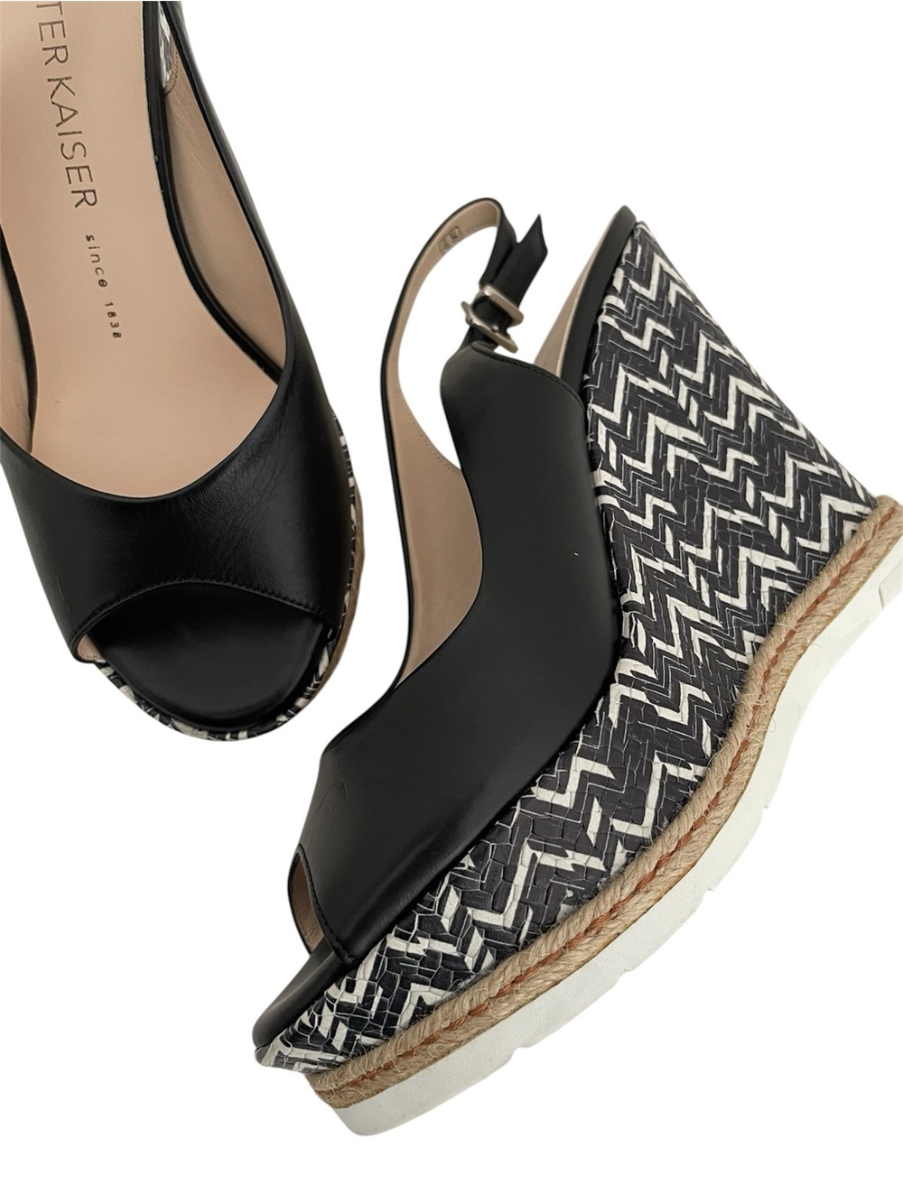 Peter Kaiser Wedge Sandals Size 7 Party Wedding Resort Black and White